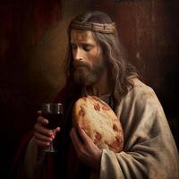 Gesù tranquillo, calmo Immagine con pane e vino foto
