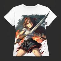 t camicia mokup di un' anime ragazza con arrabbiato viso hold spada e corto pantaloni foto