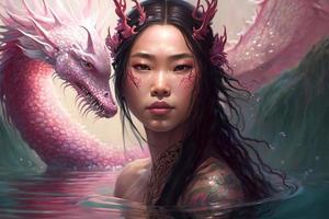 asiatico ragazza con rosa Drago spirito custode nuoto foto