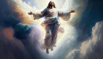 Gesù è In arrivo Aperto il cielo su ascensione giorno Immagine generativo ai foto