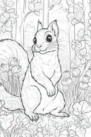 colorazione libro pagina per bambini. scoiattolo isolato su bianca sfondo. nero e bianca. generativo ai foto