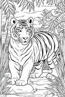 colorazione libro pagina. cartone animato animali per bambini, tigre. generativo ai foto