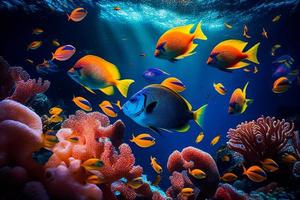 subacqueo mare scogliera paesaggio con tropicale pesce, corallo, rosso stelle e spugne cartone animato sfondo. blu laguna mondo o acquario con colorato animali e sole travi. ai foto