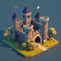 medievale castello 3d scenario con torri e alberi. digitale illustrazione. ai foto