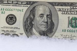 vicino su di uno centinaio dollari banconota nel neve foto