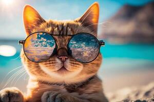 carino gatto nel in viaggio con fantasia sole bicchieri generativo ai foto