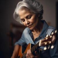 vecchio donna giocando acustico chitarra. ai generato illustrazione foto