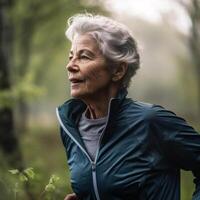 più vecchio donna attività nel natura. ai generato illustrazione foto