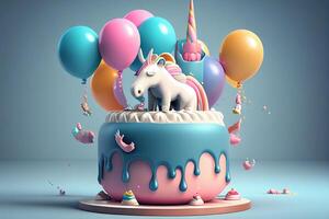 compleanno torta con unicorno e palloncini. 3d rendere illustrazione. generativo ai foto