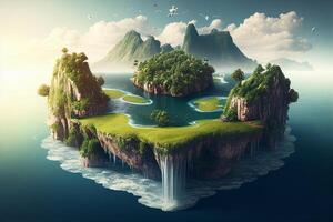 fantasia isola con alberi e lago. 3d rendere illustrazione. generativo ai foto