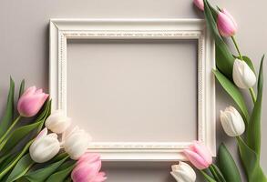 bianca telaio con rosa tulipani su grigio sfondo. copia spazio. generativo ai foto