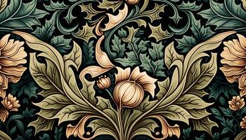 generativo ai, floreale colorato modello. William morris ispirato naturale impianti e fiori sfondo, Vintage ▾ illustrazione. fogliame ornamento. foto