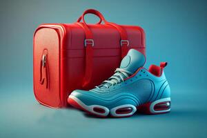 scarpe da ginnastica e valigia su un' blu sfondo. 3d interpretazione generativo ai foto