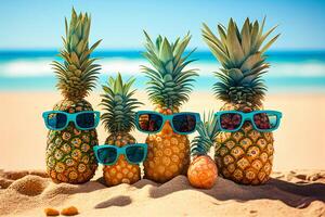 ananas con occhiali da sole su il spiaggia. estate vacanza concetto. generativo ai foto