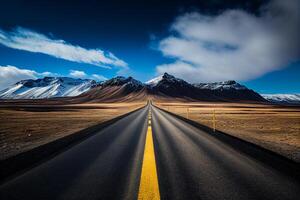 vuoto asfalto strada nel Islanda con neve capped montagne nel il sfondo. generativo ai foto