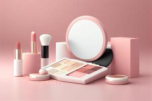 cosmetico prodotti su un' rosa sfondo. 3d interpretazione finto su generativo ai foto