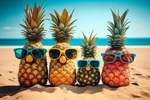 ananas con occhiali da sole su il spiaggia. estate vacanza concetto. generativo ai foto