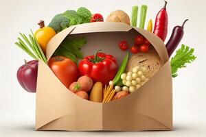 carta Borsa pieno di salutare cibo con frutta e la verdura, 3d illustrazione generativo ai foto