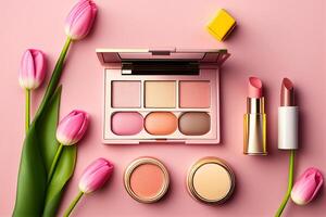 decorativo cosmetici e tulipani su rosa sfondo. piatto posizione, superiore Visualizza generativo ai foto