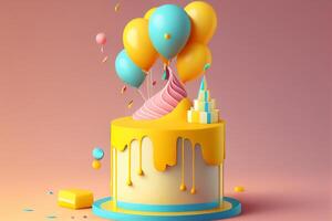 colorato compleanno torta con palloncini 3d illustrazione. generativo ai foto