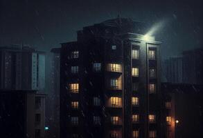 notte paesaggio urbano con vecchio edificio e caduta pioggia. 3d interpretazione generativo ai foto