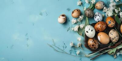 bandiera di Pasqua Quaglia uova, e fiori al di sopra di blu sfondo - generativo ai foto