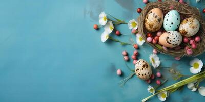 bandiera di Pasqua Quaglia uova, e fiori al di sopra di blu sfondo - generativo ai foto