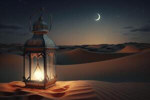 Arabo lanterna deserto notte sfondo per musulmano santo mese Ramadan kareem. ai generato foto