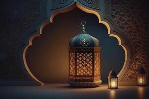 un' sbalorditivo Ramadan lanterna con islamico parete decorazione. ai generato foto