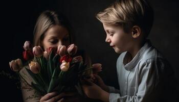 poco ragazzo Tenere fiori, abbracciare il suo madre e festeggiare La madre di giorno. generativo ai foto