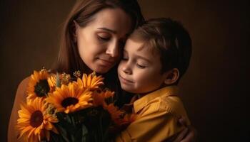 poco ragazzo Tenere fiori, abbracciare il suo madre e festeggiare La madre di giorno. generativo ai foto