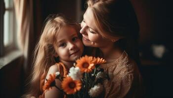 poco ragazza Tenere fiori, abbracciare sua madre e festeggiare La madre di giorno. generativo ai foto