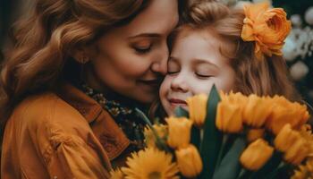 poco ragazza Tenere fiori, abbracciare sua madre e festeggiare La madre di giorno. generativo ai foto