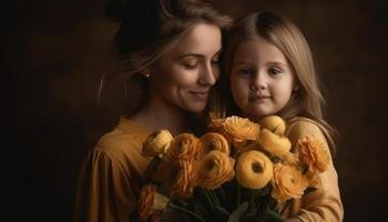 poco ragazza Tenere fiori, abbracciare sua madre e festeggiare La madre di giorno. generativo ai foto