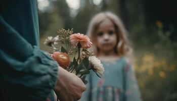 poco ragazza Tenere fiori, abbracciare sua madre e festeggiare La madre di giorno. generativo ai foto