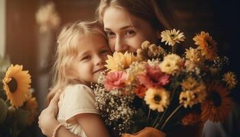 poco ragazza Tenere fiori, abbracciare sua madre e festeggiare La madre di giorno. generativo ai foto