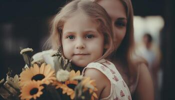 poco ragazza Tenere fiori, abbracciare sua madre e festeggiare La madre di giorno. generativo ai foto