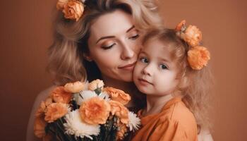 poco ragazza Tenere fiori, abbracciare sua madre e festeggiare La madre di giorno. generativo ai foto