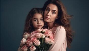 poco ragazza Tenere fiori, abbracciare sua madre e festeggiare La madre di giorno. generativo ai foto