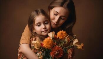 poco ragazza Tenere fiori, abbracciare sua madre e festeggiare La madre di giorno. generativo ai foto