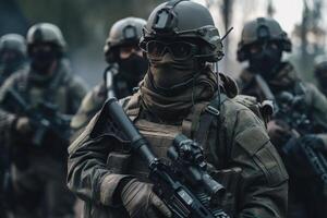 armato militare fanteria formazione con tattico Ingranaggio e assalto fucili. realistico esercito speciale vigore e militare unità con sfocato sfondo. elite speciale vigore su warzone. generativo ai. foto