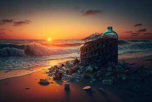 spazzatura di il spiaggia con tramonto. generativo ai foto