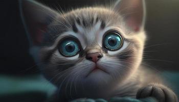 avvicinamento bambino gatto cartone animato viso espressione con grande luminosa scintillante occhi bellissimo e carino con generativo ai. foto