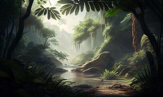 in profondità tropicale giungla dentro un' tropicale foresta abbagliante con luce del sole. uno con natura nel il foresta. generativo ai. foto