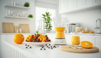 miscelatore di frutta arancia succo e bacca con insalate piatto prima colazione su il tavolo nel il moderno cucina, generativo ai foto