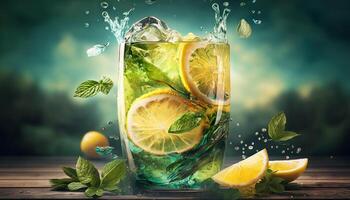 limonata nel bicchiere con spruzzo su di legno tavolo e verde sfocato sfondo. estate rinfrescante bere. generativo ai foto