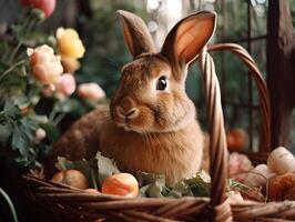 Pasqua coniglietto nel cestino con fiori decorato, ai generato foto