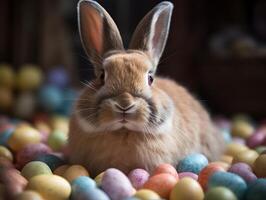 Pasqua coniglietto con molti colorato Pasqua uova. sfondo. generativo ai foto