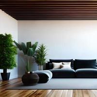 vivente camera interno modello, mobilia e decorativo di moda fiore e impianti, bianca divano e poltrona, naturale elementi e minimalismo 3d rendere . foto