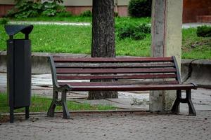 Marrone di legno panchina con un' decorativo ornato metallo gambe in piedi nel un' parco con verde prato vicino un' nero spazzatura bidone foto